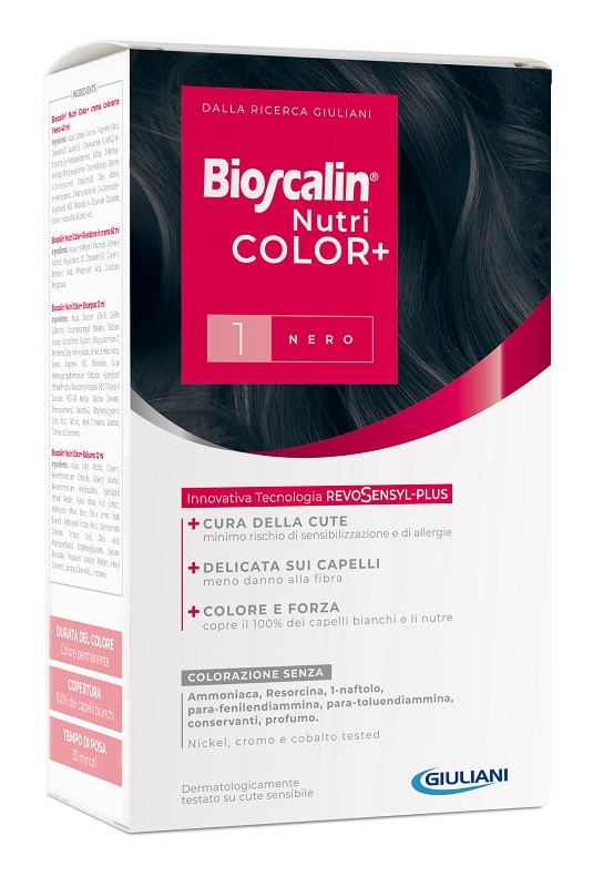 BIOSCALIN NUTRICOLOR PLUS 1 NERO CREMA COLORANTE 40 ML + RIVELATORE CREMA 60 ML + SHAMPOO 12 ML + TRATTAMENTO FINALE BALSAMO 12 ML - farmaciabianca.it