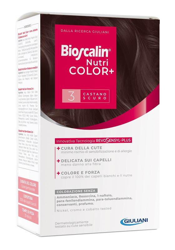 BIOSCALIN NUTRICOLOR PLUS 3 CASTANO SCURO CREMA COLORANTE 40 ML + RIVELATORE CREMA 60 ML + SHAMPOO 12 ML + TRATTAMENTO FINALE BALSAMO 12 ML - farmaciabianca.it