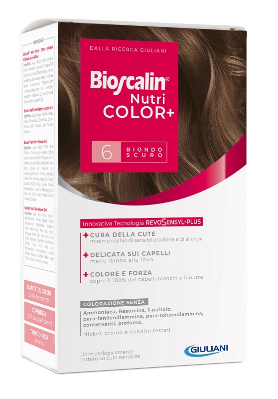 BIOSCALIN NUTRICOLOR PLUS 6 BIONDO SCURO CREMA COLORANTE 40 ML + RIVELATORE CREMA 60 ML + SHAMPOO 12 ML + TRATTAMENTO FINALE BALSAMO 12 ML - farmaciabianca.it
