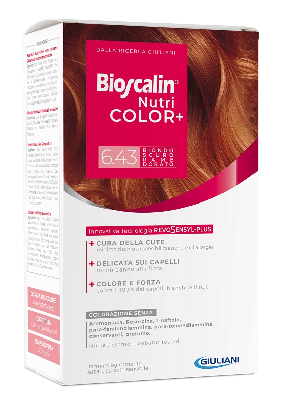 BIOSCALIN NUTRICOLOR PLUS 6,43 BIONDO SCURO RAME DORATO CREMA COLORANTE 40 ML + RIVELATORE CREMA 60 ML + SHAMPOO 12 ML + TRATTAMENTO FINALE BALSAMO 12 ML - farmaciabianca.it