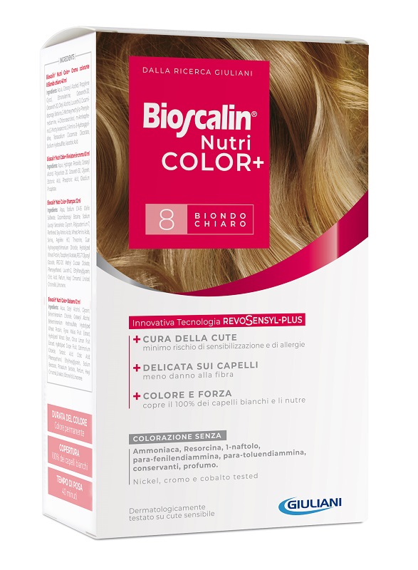 BIOSCALIN NUTRICOLOR PLUS 8 BIONDO CHIARO CREMA COLORANTE 40 ML + RIVELATORE CREMA 60 ML + SHAMPOO 12 ML + TRATTAMENTO FINALE BALSAMO 12 ML - farmaciabianca.it
