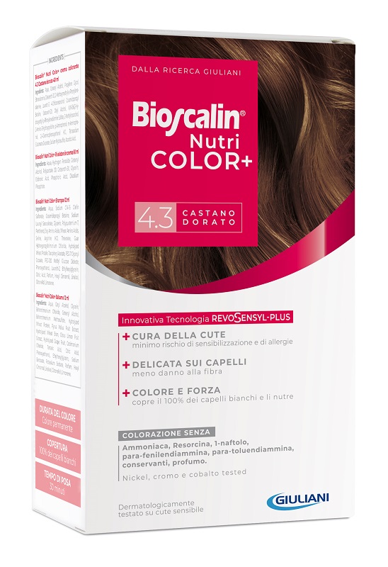 BIOSCALIN NUTRICOLOR PLUS 4,3 CASTANO DORATO CREMA COLORANTE 40 ML + RIVELATORE CREMA 60 ML + SHAMPOO 12 ML + TRATTAMENTO FINALE BALSAMO 12 ML - farmaciabianca.it