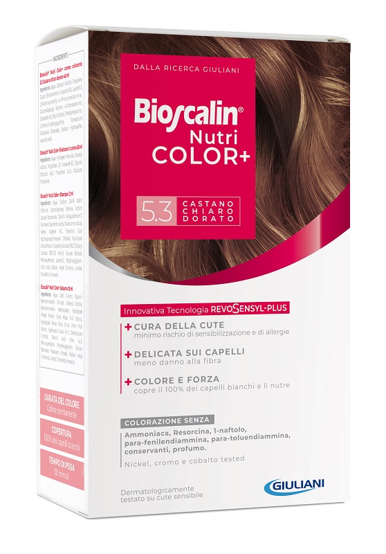 BIOSCALIN NUTRICOLOR PLUS 5,3 CASTANO CHIARO DORATO CREMA COLORANTE 40 ML + RIVELATORE CREMA 60 ML + SHAMPOO 12 ML + TRATTAMENTO FINALE BALSAMO 12 ML - farmaciabianca.it