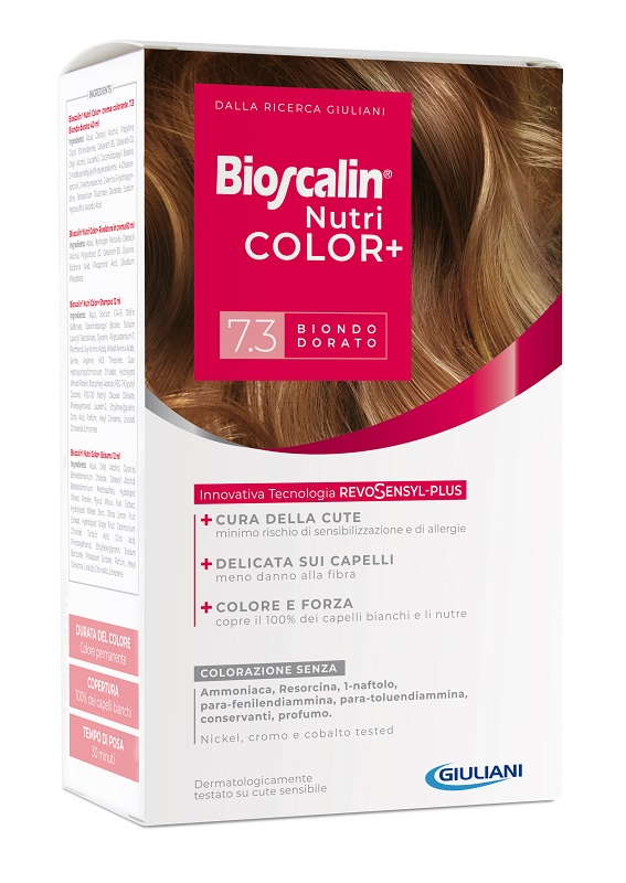 BIOSCALIN NUTRICOLOR PLUS 7,3 BIONDO DORATO CREMA COLORANTE 40 ML + RIVELATORE CREMA 60 ML + SHAMPOO 12 ML + TRATTAMENTO FINALE BALSAMO 12 ML - farmaciabianca.it