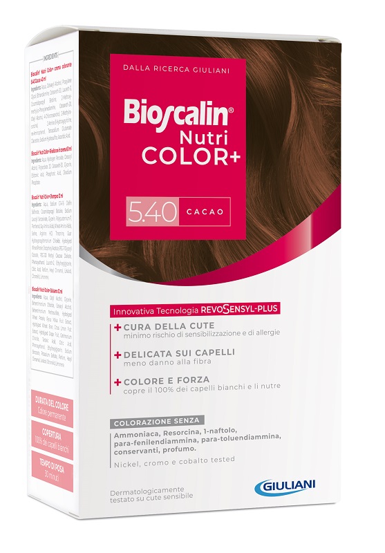 BIOSCALIN NUTRICOLOR PLUS 5,40 CACAO CREMA COLORANTE 40 ML + RIVELATORE CREMA 60 ML + SHAMPOO 12 ML + TRATTAMENTO FINALE BALSAMO 12 ML - farmaciabianca.it