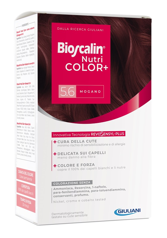 BIOSCALIN NUTRICOLOR PLUS 5,6 MOGANO CREMA COLORANTE 40 ML + RIVELATORE CREMA 60 ML + SHAMPOO 12 ML + TRATTAMENTO FINALE BALSAMO 12 ML - farmaciabianca.it