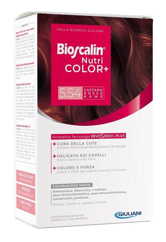 BIOSCALIN NUTRICOLOR PLUS 5,54 CASTANO ROSSO RAME CREMA COLORANTE 40 ML + RIVELATORE CREMA 60 ML + SHAMPOO 12 ML + TRATTAMENTO FINALE BALSAMO 12 ML - farmaciabianca.it