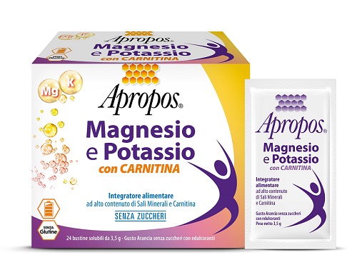 APROPOS MAGNESIO E POTASSIO CON CARNITINA 24 BUSTINE SOLUBILI DA 3,5 G GUSTO ARANCIA SENZA ZUCCHERI - farmaciabianca.it