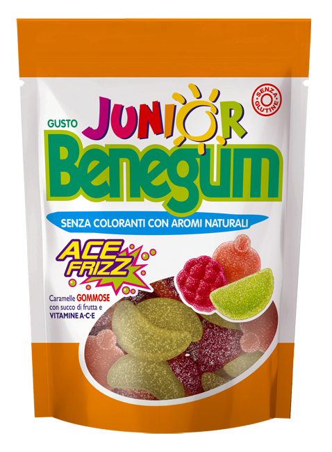 BENEGUM JUNIOR ACE FRIZZ CARAMELLE GOMMOSE CON SUCCO DI FRUTTA E VITAMINE A C E 90 G - farmaciabianca.it